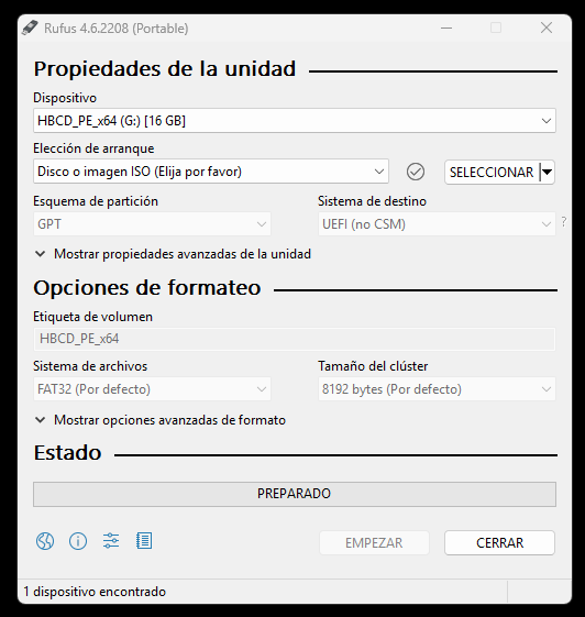 interfaz de ususario de rufus para hacer una usb booteable
