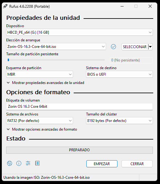 intrfaz de rufus y una imagen iso seleccionada para hacer la usb booteable