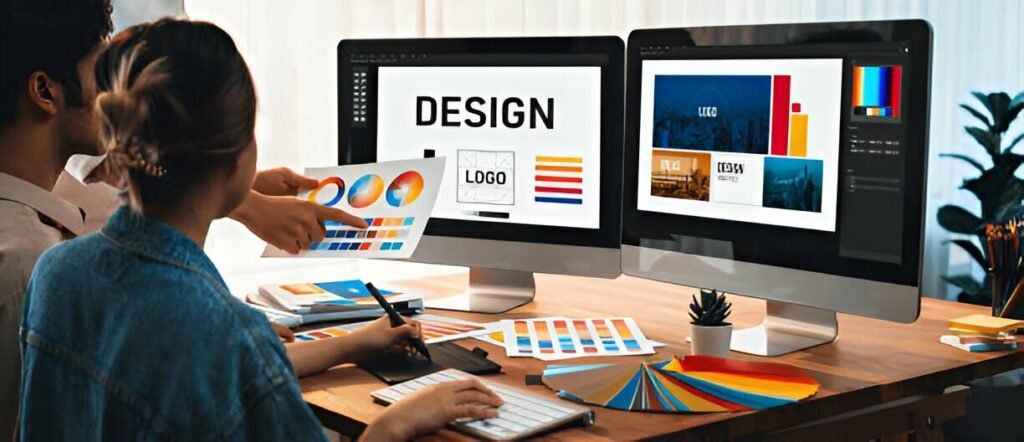 diseñadores gráficos frente a computadoras escogiendo colores para logo